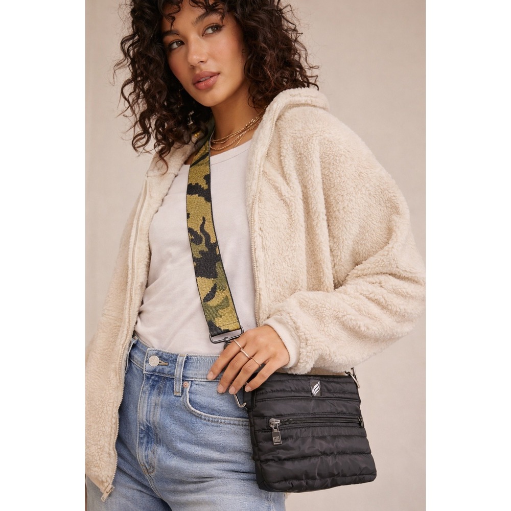 Think Royln Black Puffer Crossbody Bag Camo Strap Free People
